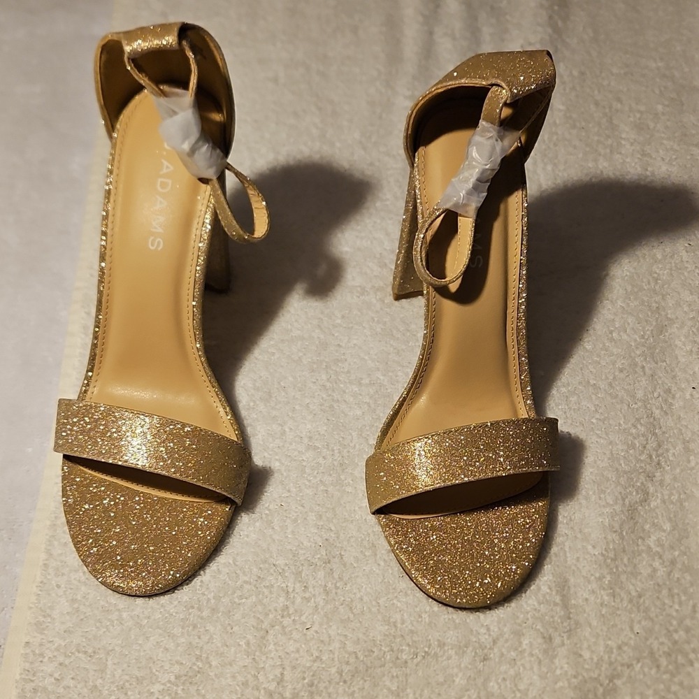 J. Adams Gold Glitter Block Heel Ankle Strap Open Toe Buckle Size 8.5